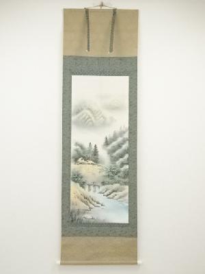 仙水筆　山水　肉筆絹本掛軸（保護箱）